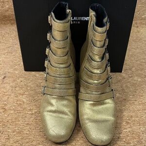 Saint Laurent YSL Gold Metallic Buckle Ankle Boots EU 40 w/ Box & Dust Bags